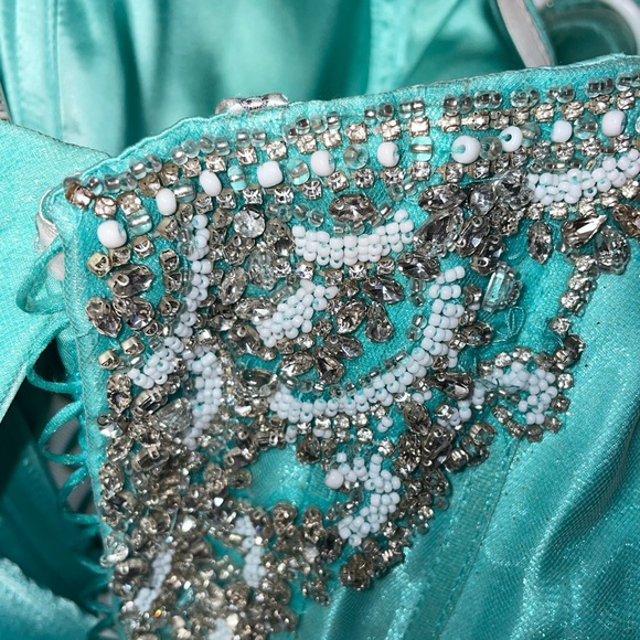 Champagne/Aqua Ruffled Strapless Quinceañera Dress by House of Wu (26800) Size 4 - Picture 13 of 17